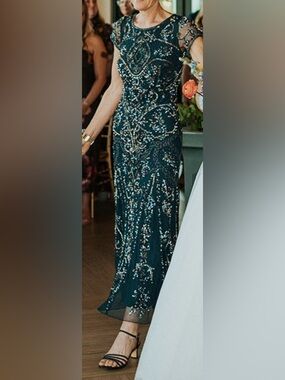 Pissaro Nights Beaded Mesh Boat Short Illusion Sleeve Sheath Dress